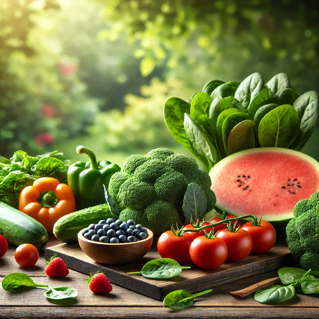 DALL·E 2024-10-15 15.15.45 - A peaceful and natural setting showcasing fresh seasonal foods such as watermelon, tomatoes, .webp