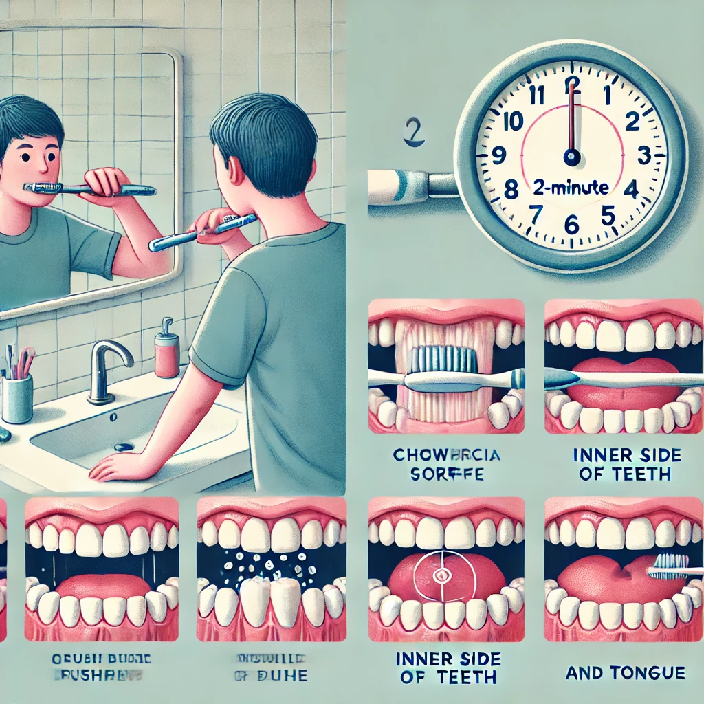 DALL·E 2024-10-25 22.08.16 - A detailed illustration of proper tooth brushing techniques_ A person looking into a mirror w.webp