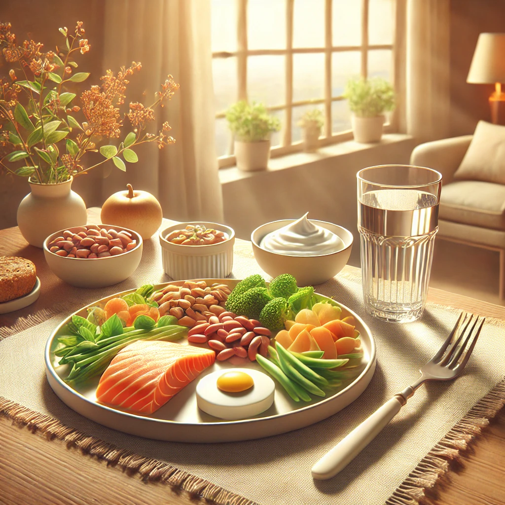 DALL·E 2024-10-31 09.39.49 - An illustration of a healthy meal setting for the elderly, featuring a balanced plate with pr.webp