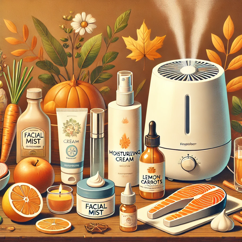 DALL·E 2024-11-05 11.51.12 - An illustration of autumn skincare essentials, showing items like a moisturizing cream, facia.webp