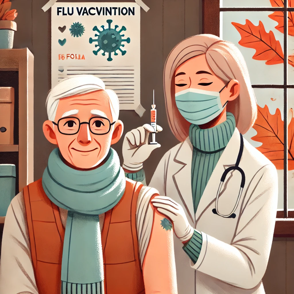 DALL·E 2024-11-06 04.00.24 - An illustration of an elderly person in a cozy autumn setting, getting a flu vaccination from.webp