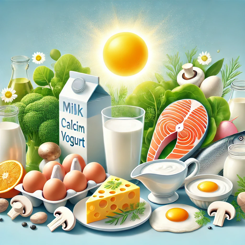 DALL·E 2024-11-08 03.21.39 - An illustration of foods rich in calcium and vitamin D, such as milk, yogurt, cheese, salmon,.webp