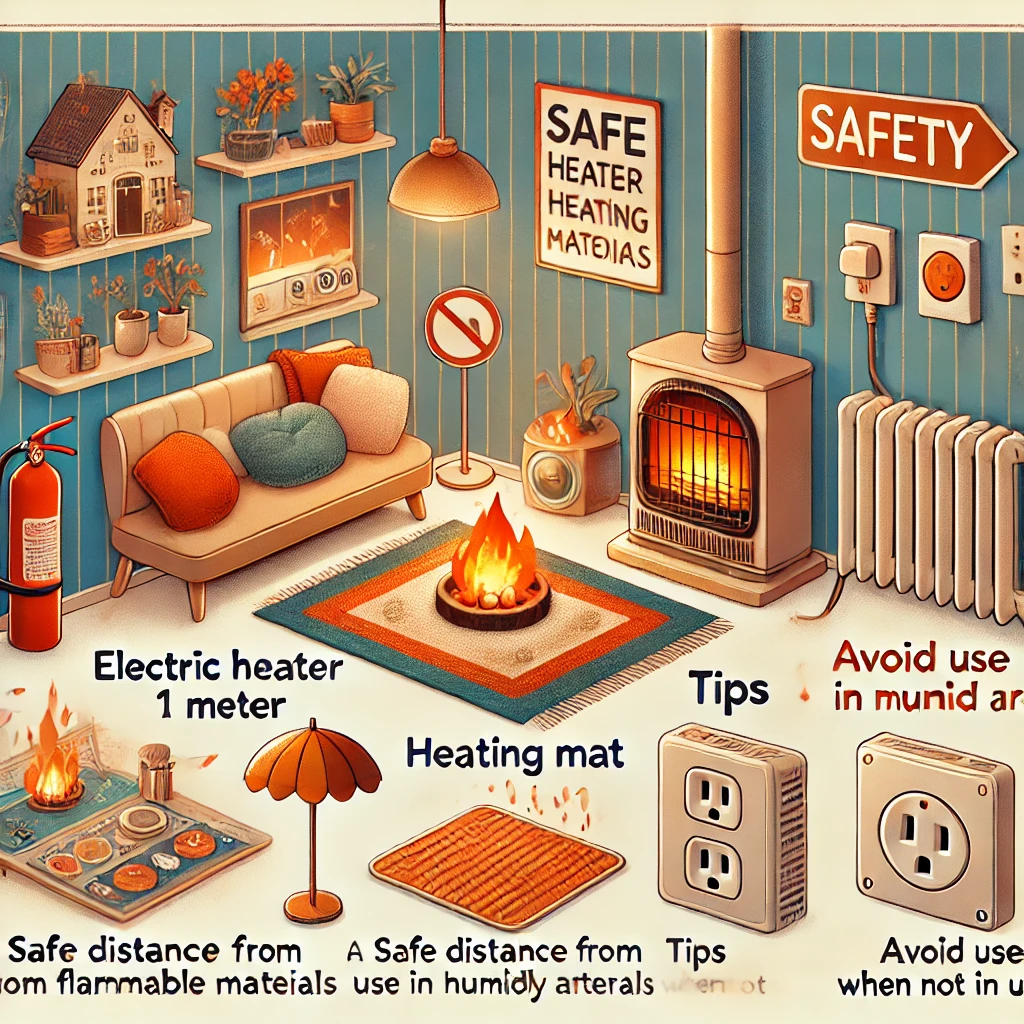 DALL·E 2024-11-11 03.33.11 - An informative illustration about safe heater and heating mat usage in autumn and winter. The.webp