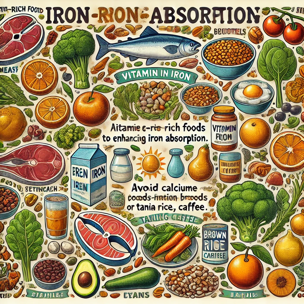 DALL·E 2024-11-13 05.00.12 - An informative illustration showcasing iron-rich foods and tips for enhancing iron absorption.webp