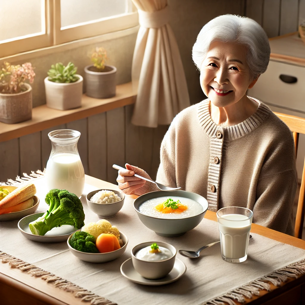 DALL·E 2024-12-25 12.27.58 - An elderly person sitting at a dining table, enjoying a healthy and easily digestible meal. T.webp