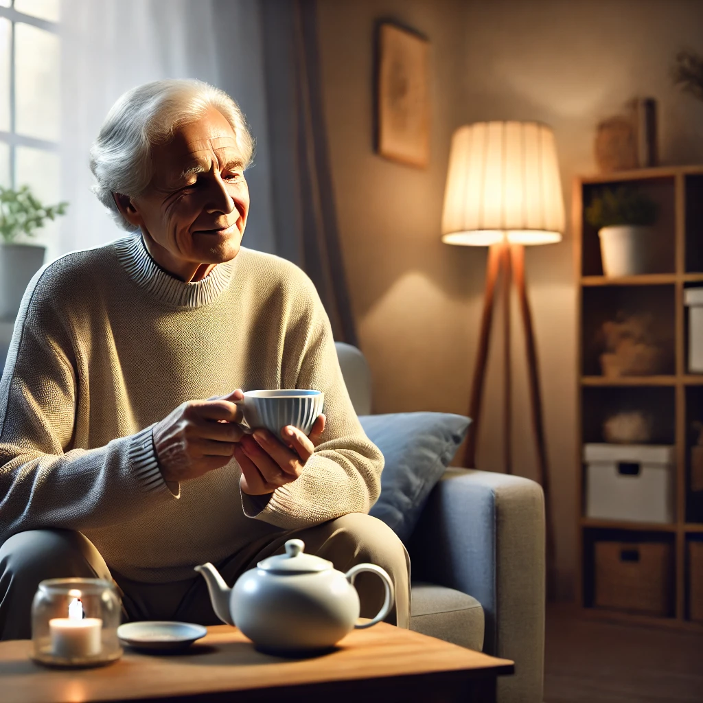 DALL·E 2024-12-26 14.03.18 - An elderly person sitting in a cozy living room, sipping a cup of warm tea, surrounded by a s.webp