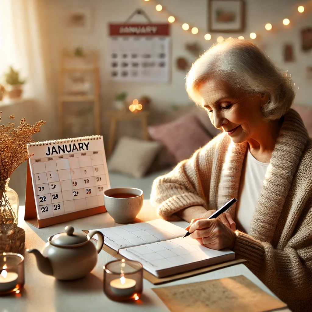 DALL·E 2025-01-01 10.20.32 - An elderly person sitting at a cozy desk, writing in a planner or notebook, surrounded by a c.webp