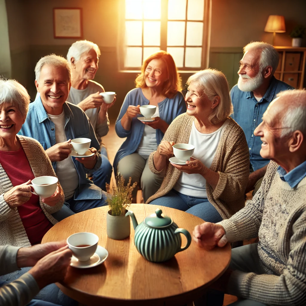 DALL·E 2025-01-03 16.33.59 - A group of elderly people sitting together in a cozy community center, enjoying tea and engag.webp