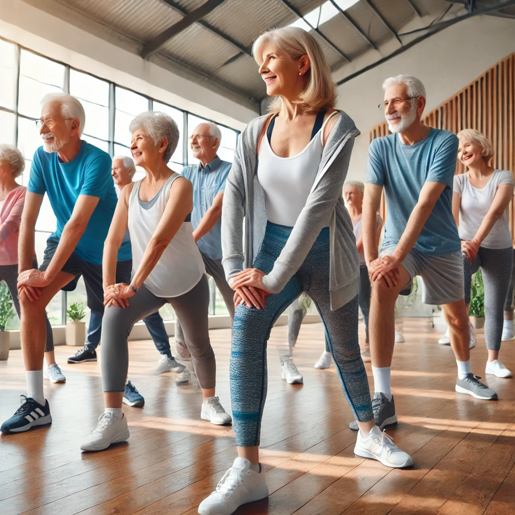 DALL·E 2025-01-03 16.34.50 - A group of elderly people doing stretching exercises together in a bright and spacious commun.webp