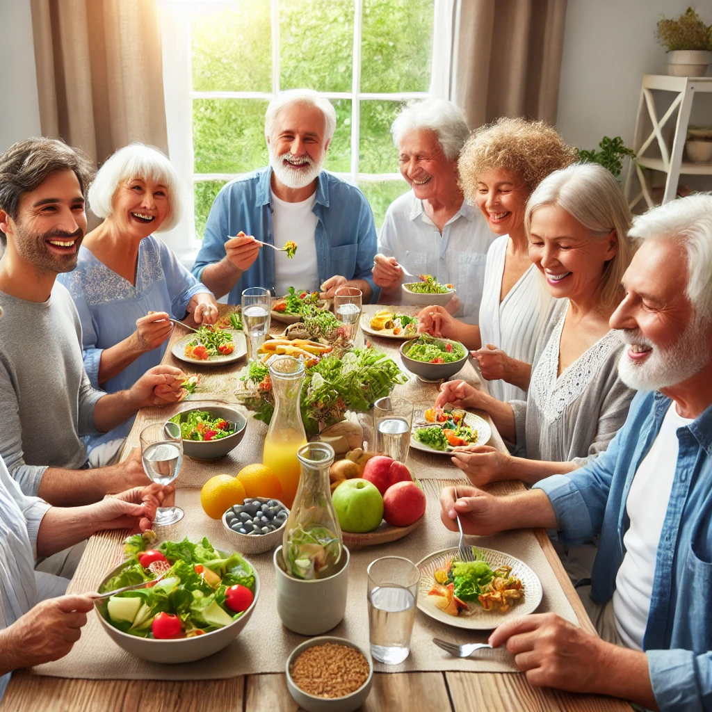 DALL·E 2025-01-06 11.41.02 - A group of elderly people happily sharing a meal together at a dining table. The table is fil.webp