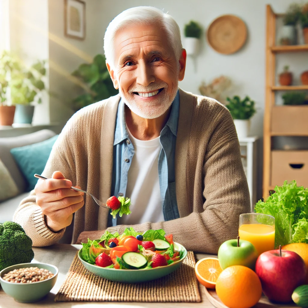 DALL·E 2025-01-06 11.39.21 - An elderly person sitting at a table, enjoying a balanced and colorful meal with fresh fruits.webp