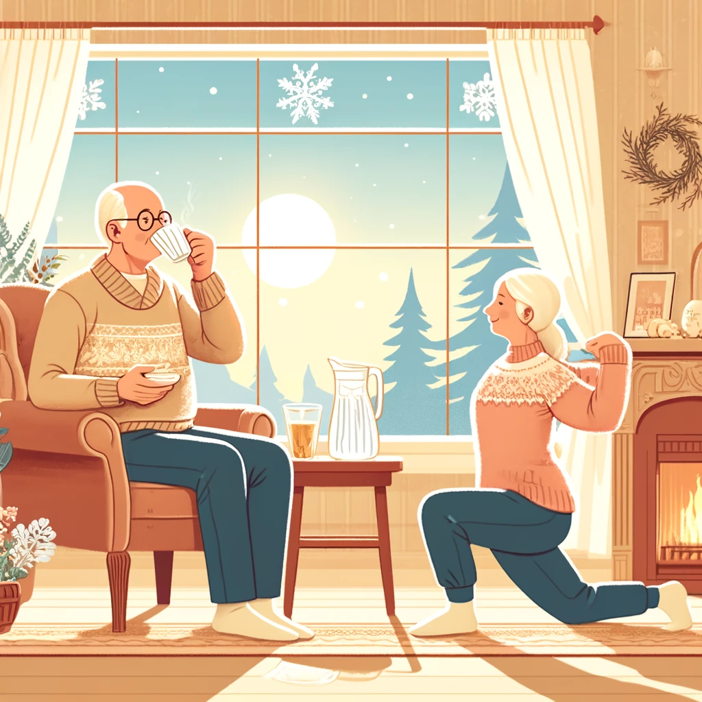 DALL·E 2025-01-07 15.00.59 - An illustration of an elderly couple in a cozy winter setting. The grandfather is drinking a .webp