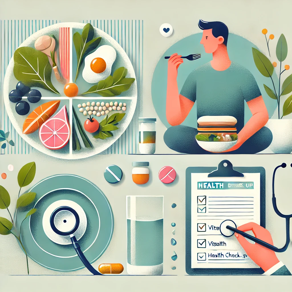 DALL·E 2025-01-09 14.41.52 - A clean and visually appealing illustration depicting healthy eating habits_ 1) A balanced me.webp