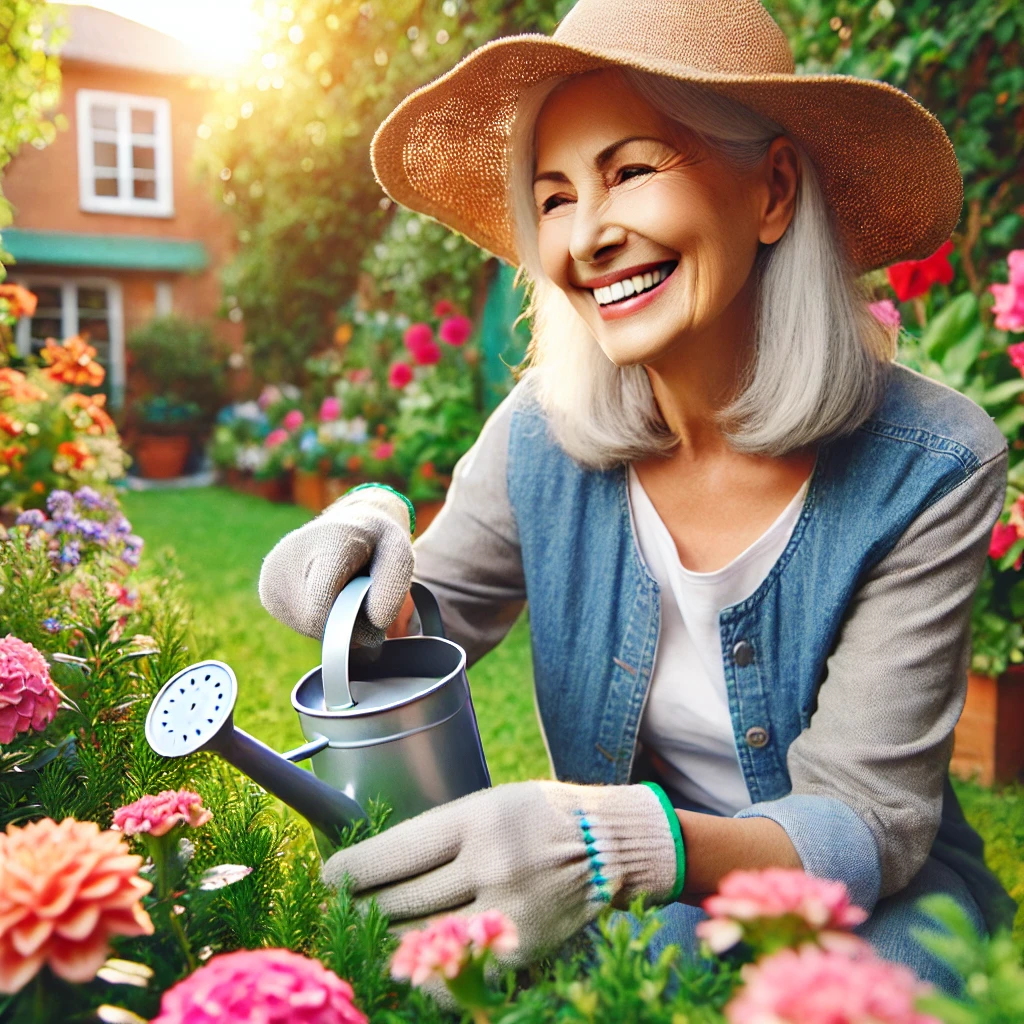 DALL·E 2025-01-13 10.08.30 - A cheerful elderly woman in her garden, tending to colorful flowers on a sunny day. She is we.webp