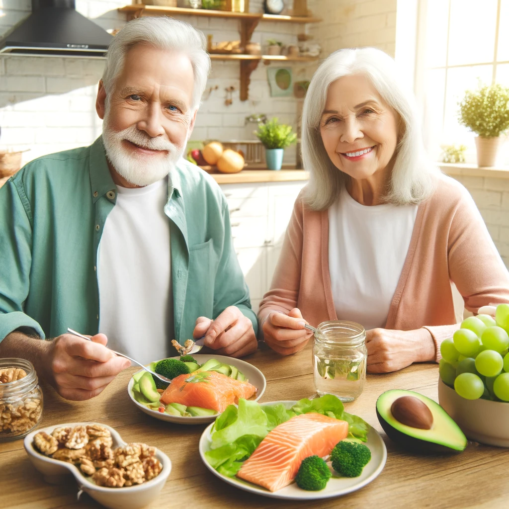 DALL·E 2025-01-17 16.46.31 - An elderly couple sitting at a dining table, enjoying a healthy meal featuring salmon, avocad.webp