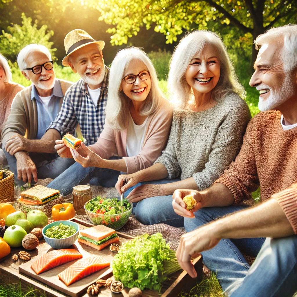 DALL·E 2025-01-17 16.46.38 - A group of elderly people sitting together outdoors in a park, sharing a picnic with foods ri.webp