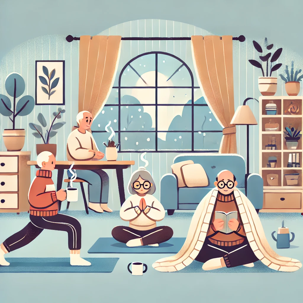 DALL·E 2025-01-20 15.37.11 - An illustration of a cozy indoor scene with elderly people practicing healthy habits_ one is .webp