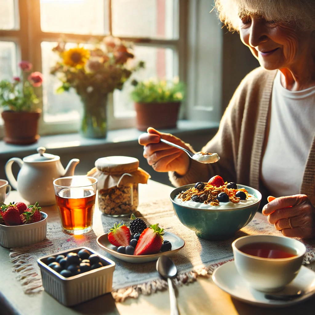 DALL·E 2025-01-21 14.50.25 - An elderly person sitting at a cozy breakfast table, enjoying a bowl of yogurt with fresh fru.webp