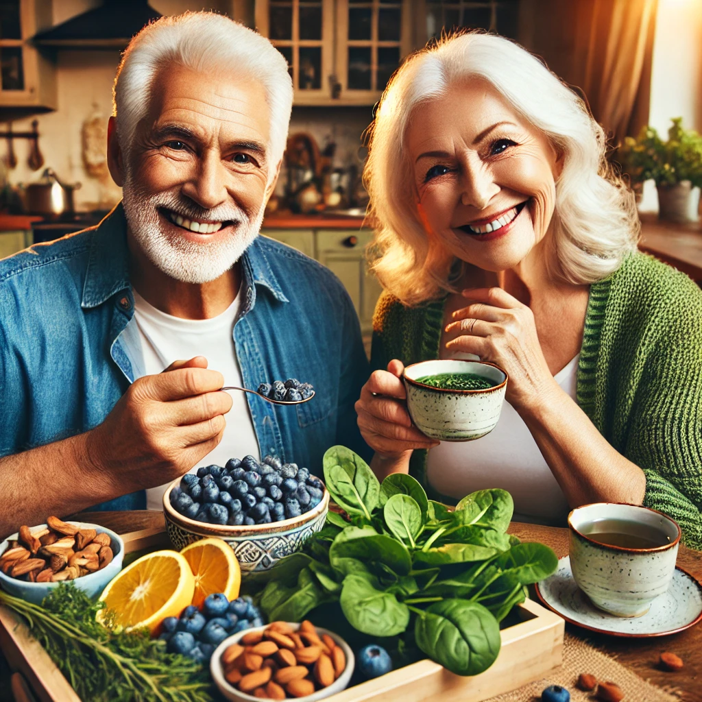 DALL·E 2025-01-22 09.03.08 - An elderly couple in a cozy kitchen setting, enjoying a meal with antioxidant-rich foods like.webp