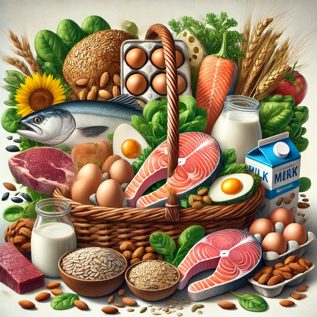 DALL·E 2025-01-30 19.49.52 - A realistic illustration of a basket filled with various foods rich in B vitamins. The basket.webp