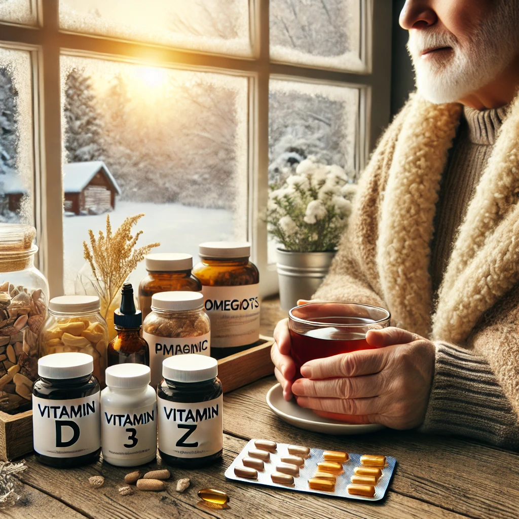 DALL·E 2025-01-31 10.42.44 - An elderly person in a cozy winter setting, sitting by a window with a warm blanket and a cup.webp