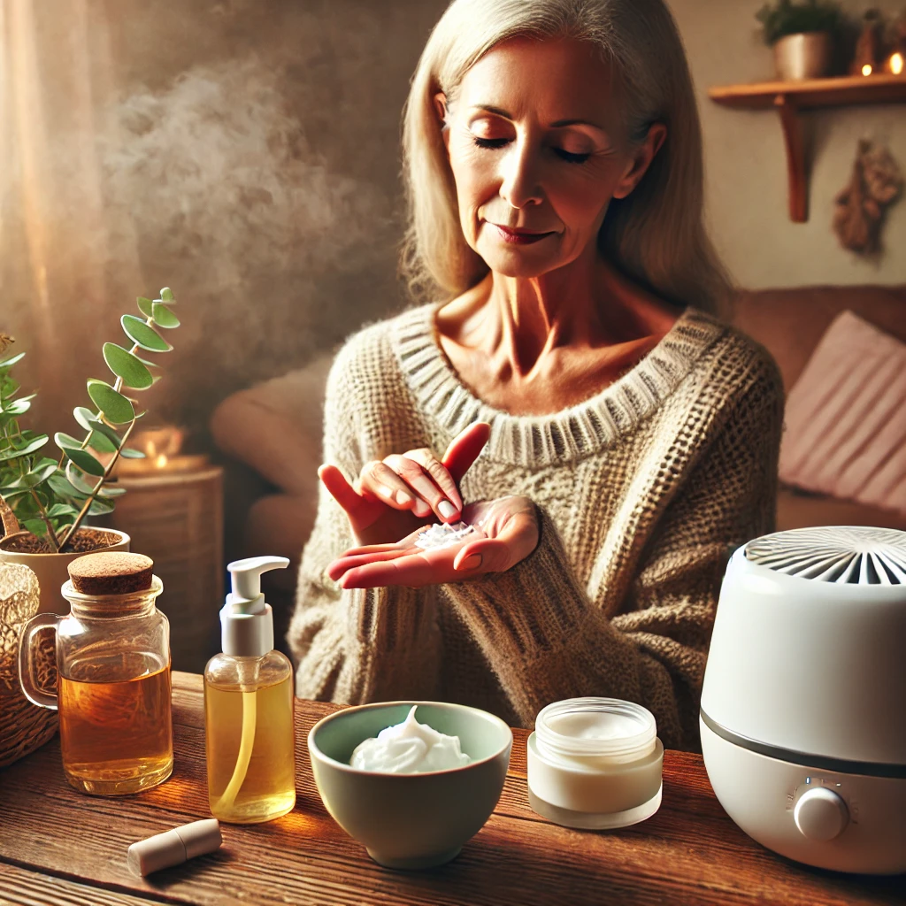 DALL·E 2025-02-03 15.38.26 - A cozy winter skincare scene. A senior woman with smooth, well-moisturized skin applies lotio.webp