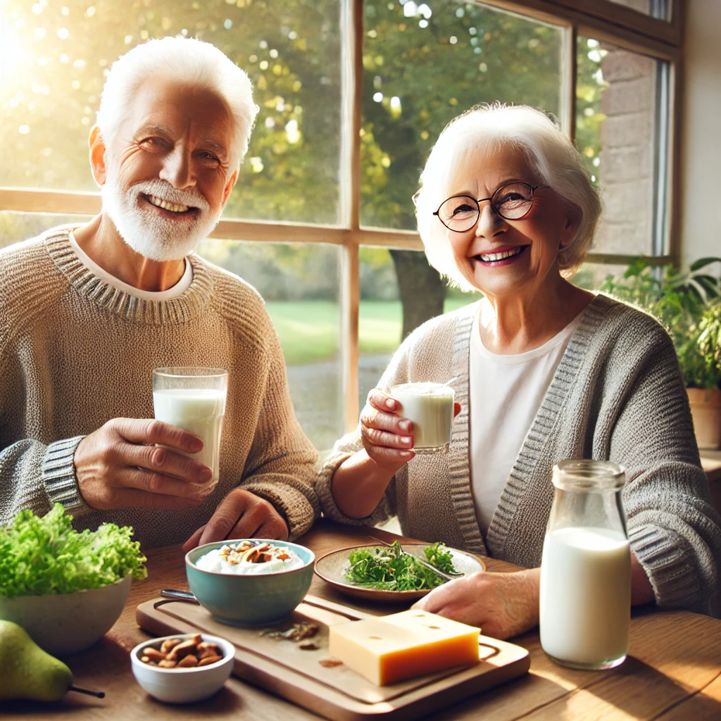 DALL·E 2025-02-05 15.28.37 - 1. An elderly couple sitting at a wooden kitchen table, smiling as they enjoy a nutritious br.webp