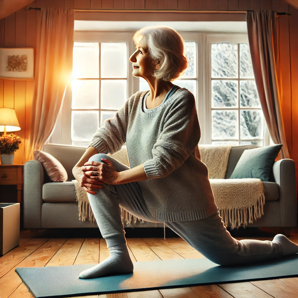 DALL·E 2025-02-10 15.02.32 - An elderly person exercising indoors, doing light stretching or yoga in a cozy living room. T.webp