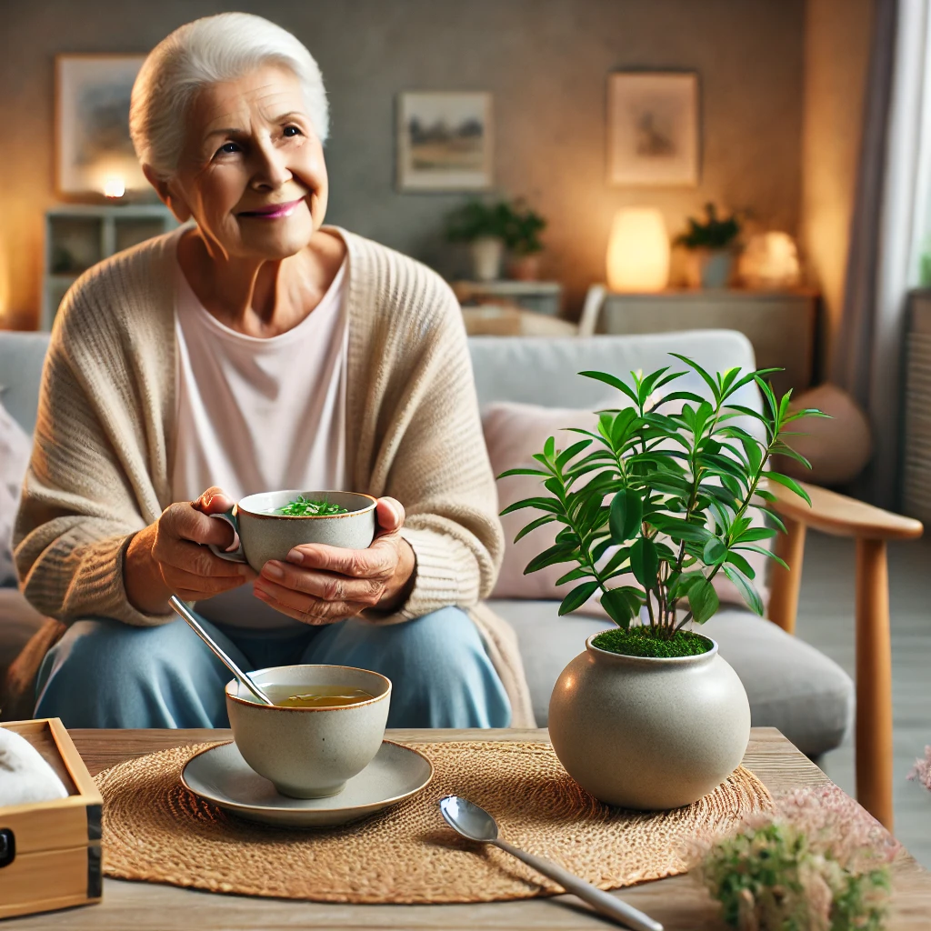 DALL·E 2025-02-14 11.24.28 - A peaceful elderly person sitting in a cozy living room, enjoying a cup of herbal tea with a .webp