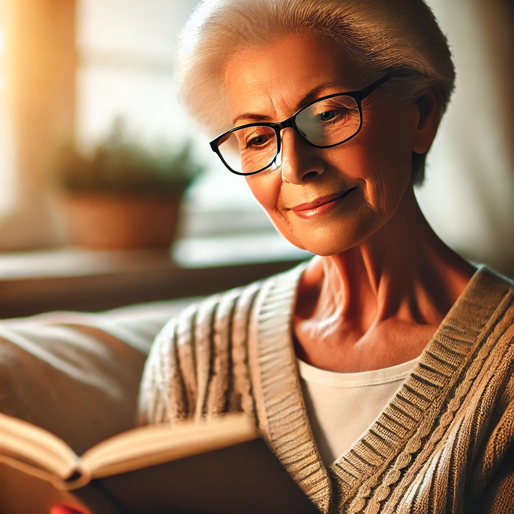 DALL·E 2025-02-25 13.01.55 - An elderly person wearing reading glasses while reading a book. The person looks comfortable .webp