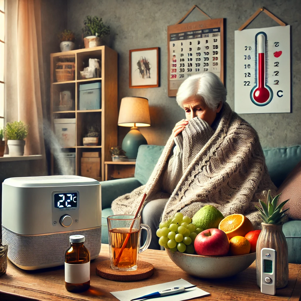 DALL·E 2025-02-27 14.12.21 - A cozy indoor scene showing an elderly person taking care of their health during seasonal cha.webp