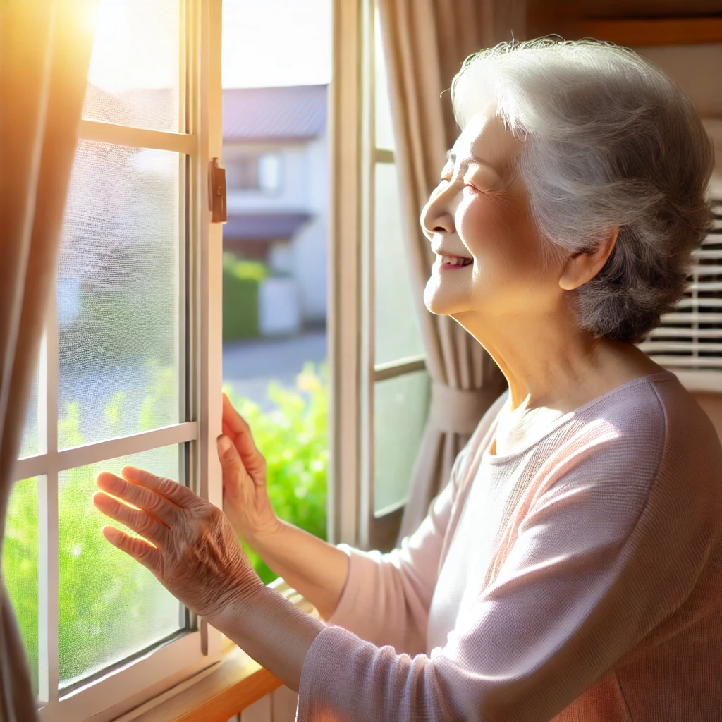 DALL·E 2025-02-28 16.54.13 - An elderly person opening a window to ventilate a room. The scene is bright and fresh, with s.webp